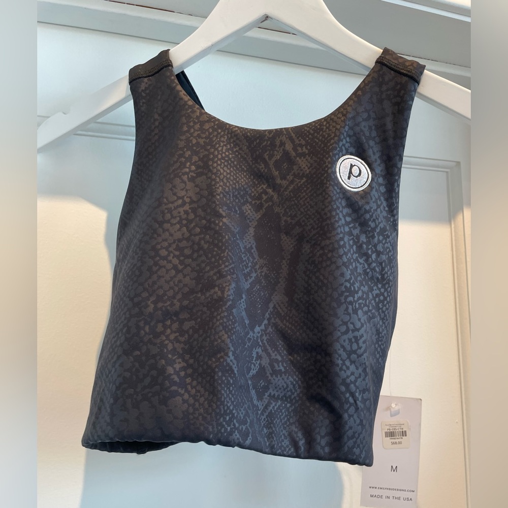 NWT Emily Hsu Sports Bra tank Pure Barre branded black leopard print
